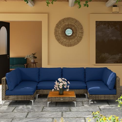 Outsunny 7 Piece Wicker Patio Furniture Set, Modular Outdoor Sectional with Thickened Cushions, Rattan Outdoor Furniture Conversation Set with Slatted Acacia Wood Table for Backyard, Brown/Dark Blue