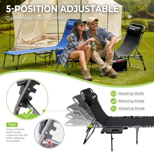 FUNDANGO Chaise Lounge Chair Outdoor, 5-Position Folding Tanning Chair with Detachable Side Table & Pillow, 180° Lay Flat Portable Beach, Heavy Duty U-Frame for Patio, Pool, Lawn, 265lbs (Black)