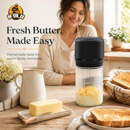 IFOLO Electric Butter Churn – One-Touch Butter Maker in 5–10 Mins, 34oz Glass Jar with High-Speed Brushless Motor, High-Speed Mixing for Creamy Results