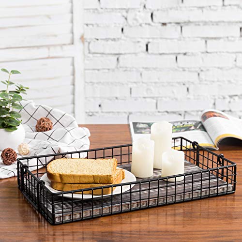 MyGift 16 and 14 Inch Large Nesting Countertop Storage Baskets with Handles, Rustic Torched Wood and Black Metal Wire Decorative Shelf Organizer Bins, 2 Piece Set