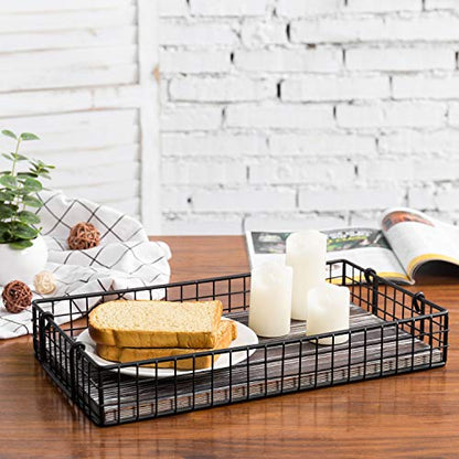 MyGift 16 and 14 Inch Large Nesting Countertop Storage Baskets with Handles, Rustic Torched Wood and Black Metal Wire Decorative Shelf Organizer Bins, 2 Piece Set