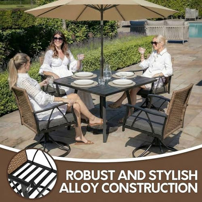 Andehomy 5-Piece Patio Dining Set for 4，Outdoor Dining Set with Wicker Swivel Patio Dining Chairs with Cushions & 1 Black Square Woodgrain Dining Table with 1.75”Market Umbrella Hole, Black & Brown