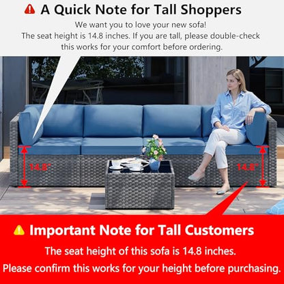 Shintenchi 5 Pieces Outdoor Patio Furniture Sets, Patio Sectional Sofa Couch, Gray PE Wicker Furniture Modular Patio Conversation Sets Patio Sofa with Washable Cushions & Table（Aegean Blue）