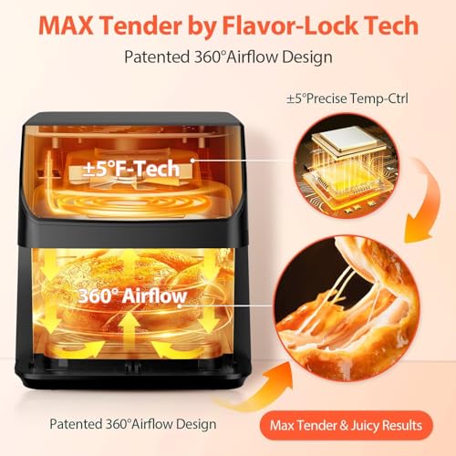 Beelicious Large AirFryer, 12-in-1 Digital Airfryer with Window, Dishwasher Safe, 5.8Qt, 40+ Recipes, Flavor-Lock Tech, Shake Reminder, Compact, Quiet, Nonstick Air Fryers. Black