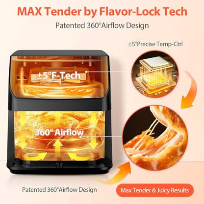 Beelicious Large AirFryer, 12-in-1 Digital Airfryer with Window, Dishwasher Safe, 5.8Qt, 40+ Recipes, Flavor-Lock Tech, Shake Reminder, Compact, Quiet, Nonstick Air Fryers. Black