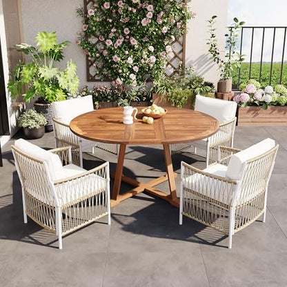 CKLMMC Modern 5-Piece Outdoor Patio Dining Set, All-Weather Acacia Wood Extendable Round Dining Table with 12inch Butterfly Leaf and 4 Rattan Arm Chairs for Backyard, Garden, Poolside