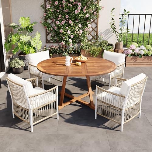 CKLMMC Modern 5-Piece Outdoor Patio Dining Set, All-Weather Acacia Wood Extendable Round Dining Table with 12inch Butterfly Leaf and 4 Rattan Arm Chairs for Backyard, Garden, Poolside