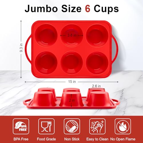 Puyeipt Jumbo Muffin Pan with Metal Frame, 6 Cup Large Cupcake Mold with Handles, Silicone Egg Bite Baking Tray, BPA Free & Non-Stick