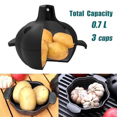 IPROUDER Cast Iron Garlic Roaster with Handle, Smoker Roaster, Garlic Cooker, Garlic Baker, Garlic Roasting Pot, Potato Baker, Mini Cocotte, Used in the Kitchen Oven or Outdoors on a BBQ Grill Stove