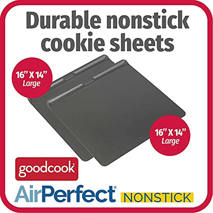GoodCook AirPerfect Insulated Cookie Sheets Set of 2 Nonstick Carbon Steel Construction Pans for No-Burn Baking with Ergonomic Grip, 16 x 14-Inch, Gray