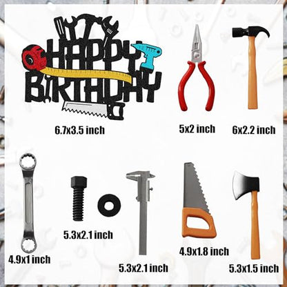 Tools Cake Topper Wrench Hammer Drill Plier Handsaw Tape Measure Screwdrivers Themed Happy Birthday Party Cake Decor