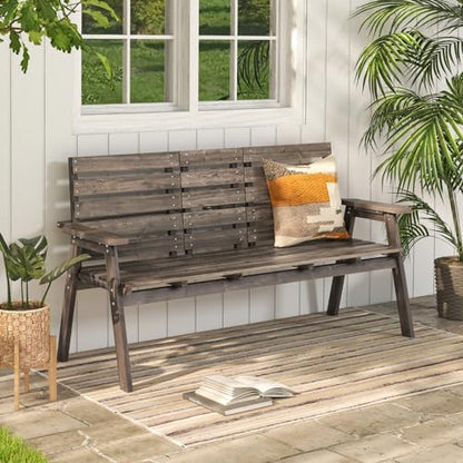 Tangkula Outdoor Fir Wood Bench with Foldable Middle Table, 2-3 Person Garden Bench with Backrest and Armrests, 710 lbs Weight Capacity, Slatted Seat Bench for Porch, Patio, Backyard