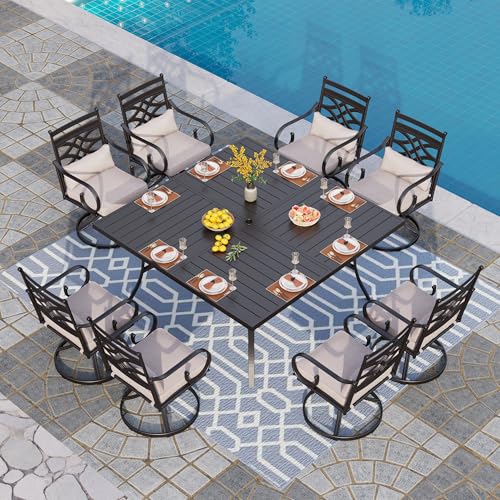 PHI VILLA 9 Pieces Outdoor Dining Set for 8, 60" Square Black Metal Table & Wrought Iron Swivel Chairs, All Weather Large Outside Furniture with Cushions & Pillows for Patio, Deck, Porch