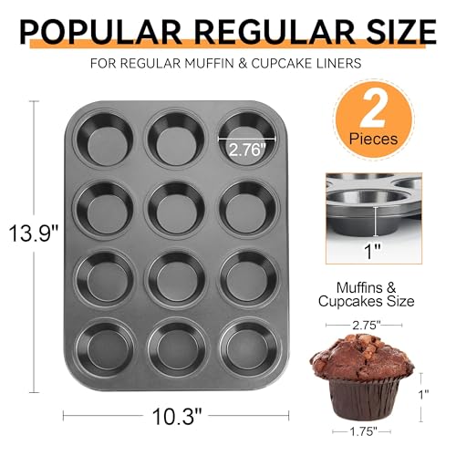 TAOUNOA Muffin Tin, 12-Well Nonstick Cupcake Pan Set of 2, Heavy Duty Steel Muffin Pan
