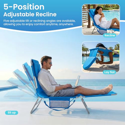 DUMOS Lounge Chair Outdoor, Beach Tanning Chair with Face Hole, Blue