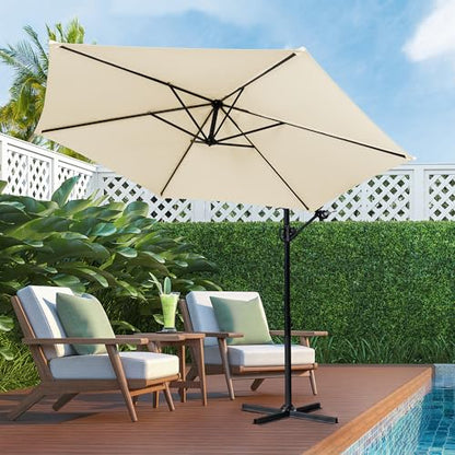 Shintenchi Patio Offset Umbrella with Easy Tilt Adjustment,Crank and Cross Base, Outdoor Cantilever Hanging Umbrella, Sunshade Umbrella Canopy, Cream White