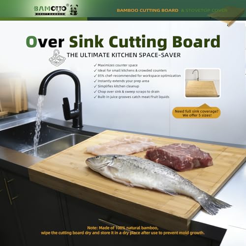 BAMOTTO CRAFTBAMBOO 30 x 21 in Extra Large Bamboo Cutting Board, Stovetop Cover, Sink Cover, Noodle Board with Detachable Legs & Detachable Non-Slip Front Lip for Kitchen Countertop