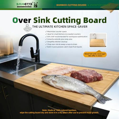 BAMOTTO CRAFTBAMBOO 30 x 21 in Extra Large Bamboo Cutting Board, Stovetop Cover, Sink Cover, Noodle Board with Detachable Legs & Detachable Non-Slip Front Lip for Kitchen Countertop