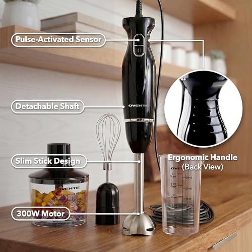 OVENTE Immersion Hand Blender Set, 300W Electric Handheld Stick Mixer, 2 Mixing Speeds with Stainless Steel Blades, Egg Whisk, Beaker & BPA-Free Food Chopper, Black HS565B