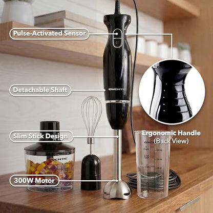 OVENTE Immersion Hand Blender Set, 300W Electric Handheld Stick Mixer, 2 Mixing Speeds with Stainless Steel Blades, Egg Whisk, Beaker & BPA-Free Food Chopper, Black HS565B