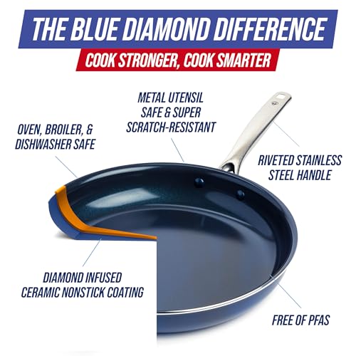 Blue Diamond Ceramic Nonstick 14" Frying Pan Skillet, PFAS-Free Cookware, Jumbo Cooker with Helper Handle, For Large & Family Sized Meals, Dishwasher & Oven Safe, Blue