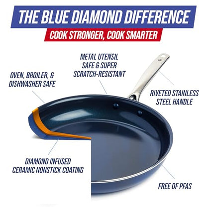 Blue Diamond Ceramic Nonstick 14" Frying Pan Skillet, PFAS-Free Cookware, Jumbo Cooker with Helper Handle, For Large & Family Sized Meals, Dishwasher & Oven Safe, Blue