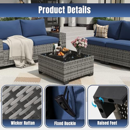 Aoxun 12 Pieces Patio Furniture Set Wicker Rattan Outdoor Sectional Conversation Set with Coffee Table and 4” Thickened Cushions, Gray Blue(Waterproof Cover Included)