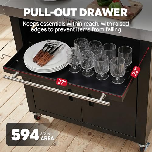 Outdoor Kitchen Island with Cabinet, Outdoor Grill Table with Stainless Steel Top for Pizza Oven& Griddles, Movable Bar Cart with Pull-Out Plate for Parties& Gathering, Heavy-Duty, L74”x W24”