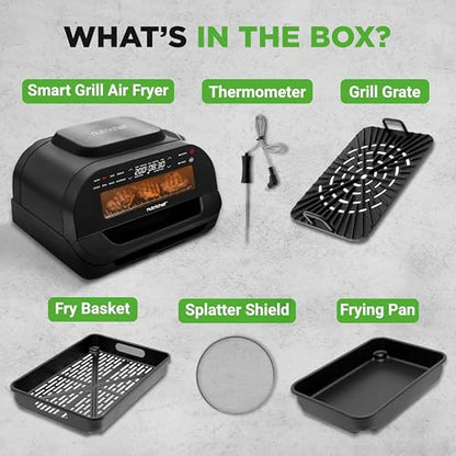 NutriChef Indoor Smokeless Grill - Smart Grill & Air Fryer with 7 Cooking Functions - 6L Capacity - Includes Smart Thermometer - Precise Temperature Control - Non-Stick Removable Grill Plates