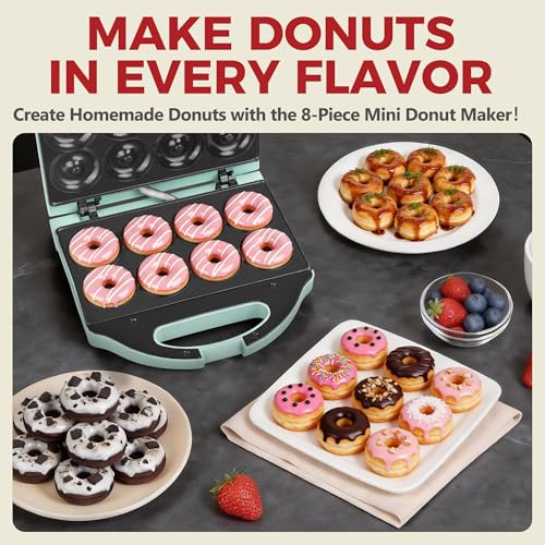 AshGlen 2” Mini Donut Maker Machine, 8 Donut Holes Ceramic Coating Donut Pan for Baking Doughnuts, Doughnut Maker for Mini Donuts, Maquina De Mini Donas, Aqua