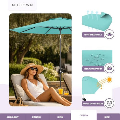 Midtown Umbrellas - The Lean 10 Ft Patio Umbrella with Fade-Resistant Sunbrella Fabric, Auto-Tilt Aluminum Frame and 8 Reinforced Ribs for Deck, Pool & Garden - Canvas Glacier Canopy, Black Pole