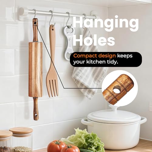 KARRYOUNG Acacia Wood Rolling Pin for Baking, Kitchen Dough Roller With Handles, Rodillo Para Masa, Rolling Pin for Dough, Pizza,Bread, Fondant & Tortilla