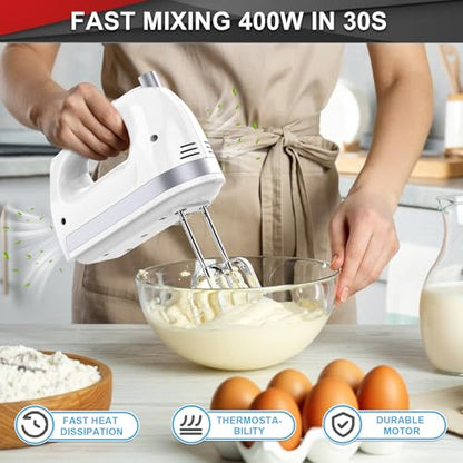 Lord Eagle Hand Mixer Electric Handheld 400W, 5-Speed Lightweight Kitchen Mixer with Storage Case, 5 Stainless Steel Attachments for Baking Cake Egg Cream Food Beater, Turbo+Eject Button