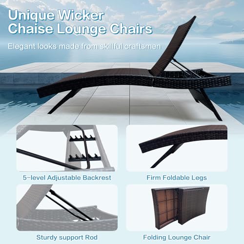 Folding Patio Chaise Lounge (Set of 1 Chair), Foldable Long Reclining Patio Seating Chairs, Outdoor Wicker Lounge Chair, Rattan Chaise Lounge Lawn Sunbathing Chairs Beach Pool Backrest Recliners