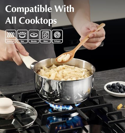 KOCH SYSTEME CS Stainless Steel Saucepan, 2QT Sauce Pan with Lid with Stay-cool Bakelite Handle, Stainless Steel Pot 2QT with Comfortable Handle, 2 Quart Sauce Pan with Lid, Induction Ready