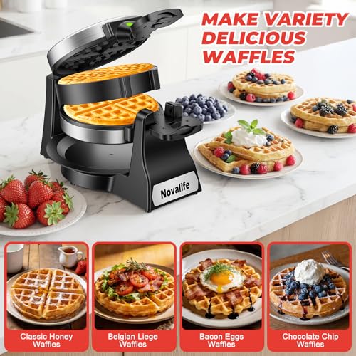 Waffle Maker, 1400W Belgian Waffle Maker, Double Waffle Iron 180° Flip, 8 Slices, Rotating & Nonstick Plates, Removable Drip Tray Easy to Clean, Locking Buckle & Cool Touch Handle, Stainless Steel