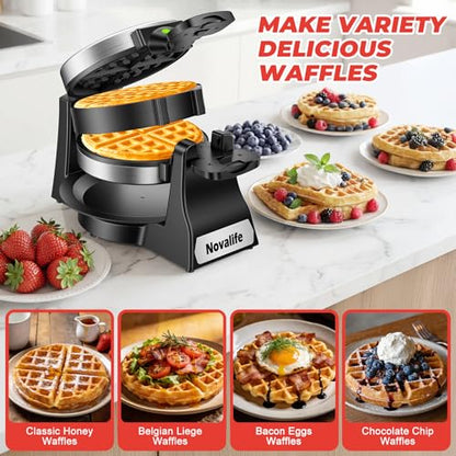 Waffle Maker, 1400W Belgian Waffle Maker, Double Waffle Iron 180° Flip, 8 Slices, Rotating & Nonstick Plates, Removable Drip Tray Easy to Clean, Locking Buckle & Cool Touch Handle, Stainless Steel