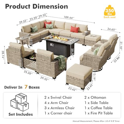 HOOOWOOO Outdoor Sectional Patio Furniture Set with Fire Pit Table,15 Pieces Wicker Conversation Sets L Shaped Couch,Extra Deep Out Door Sofa Outside Furniture with Swivel Chair Ottoman,Beige