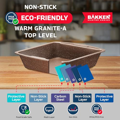 Bakken Master 38 Piece Granite Cookware and Bakeware Set – Nonstick Granite Coating, Pots and Pans with Detachable Handles and Tempered Glass Lids, 6-piece Bakeware set, 12-piece Mixing Bowls,Brown