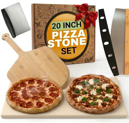 Large Pizza Stone for Oven and Grill 20 Inch - Cordierite Pizza Stones with Wooden Pizza Peel, Dough Tool & Pizza Cutter Set -Makes Crispy Homemade Pizza & Bread - 20" x 13.5" Baking Stone