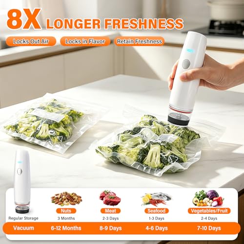 -80kPa Compact Vacuum Sealer for Food (Vacuum Sealer Machine + 30 Reusable Bags), 1200mAh Rechargeable Handheld Vacuum Sealer Machine Portable Mini Food Sealer for Sous Vide & Meal Prep-cold white