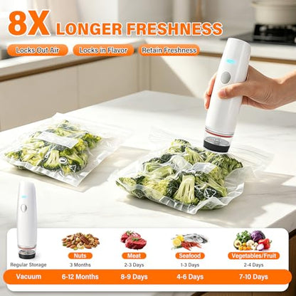 -80kPa Compact Vacuum Sealer for Food (Vacuum Sealer Machine + 30 Reusable Bags), 1200mAh Rechargeable Handheld Vacuum Sealer Machine Portable Mini Food Sealer for Sous Vide & Meal Prep-cold white