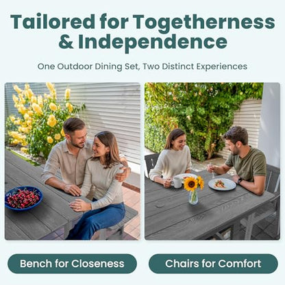 Pamapic 6 PCS Outdoor Dining Set, Spacious HDPE Outdoor Table with 4 Chairs and 1 Bench, Wood Grain Patio Furniture Sets with Elegant Armrest, All-Weather Patio Dining Table with Umbrella Hole, Gray