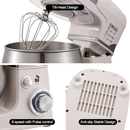 Newiceaid 6-Speed 5.3QT+3.2QT Two-Bowl Stand Mixer, Creamy White