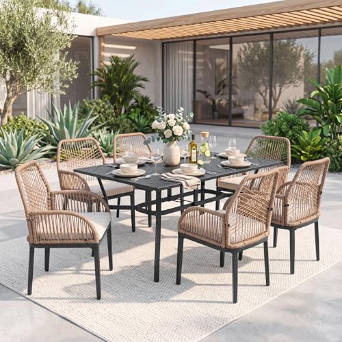 NUU GARDEN 7-Piece Patio Table and Chairs with Cushions, Outdoor Dining Set for 6, Rectangular Metal Table and Rattan Chairs with Umbrella Hole for Lawn Garden Backyard Deck, Brown