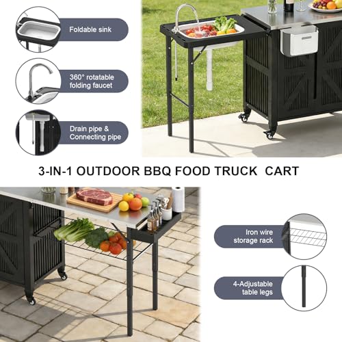 IWDOO Outdoor Kitchen Island with Storage Cabinet, 3-in-1 Movable Grill Cart with Stainless Steel Tabletop, 4 Swivel Wheels, Foldable Sink Rolling Bar Table Cart BBQ Food Prep Station for Patio, Black