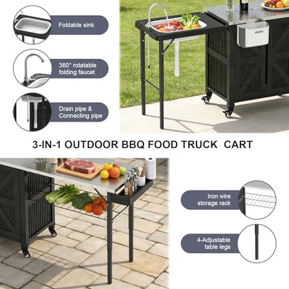 IWDOO Outdoor Kitchen Island with Storage Cabinet, 3-in-1 Movable Grill Cart with Stainless Steel Tabletop, 4 Swivel Wheels, Foldable Sink Rolling Bar Table Cart BBQ Food Prep Station for Patio, Black