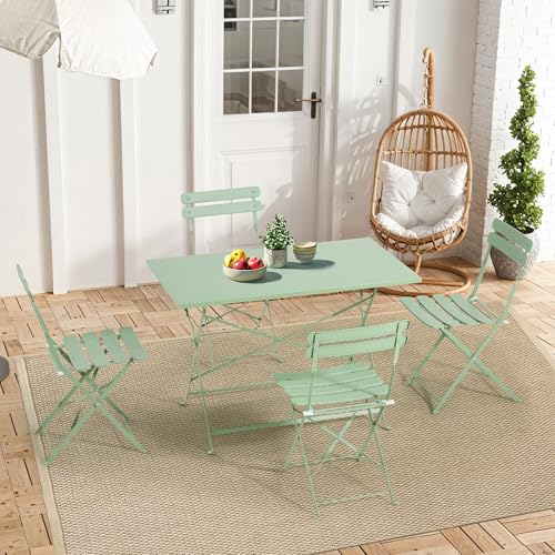 MELLCOM 5-Piece Foldable Patio Dining Set with Rectangular Table and Chairs, Weather-Resistant Iron Outdoor Dining Set for 4 People, Outdoor Table and Chairs for Patio, Yard, Indoor, Green