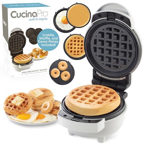 3 in 1 Mini Breakfast Maker- Make Mini Waffles Donuts Pancakes or Eggs all in 1 Multi Use Appliance- Easily Swap & Clean Interchangeable Griddle Plates- Small Electric Nonstick Baker with Recipe Guide