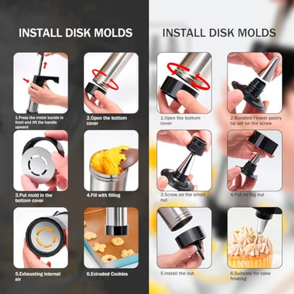 Cookies Press Gun,Stainless Steel Spritz Cookie Press with 13 Cookie Presss Discs and 8 Icing Tips,Durable Butter Cookies Shooter for DIY Biscuits(silver)